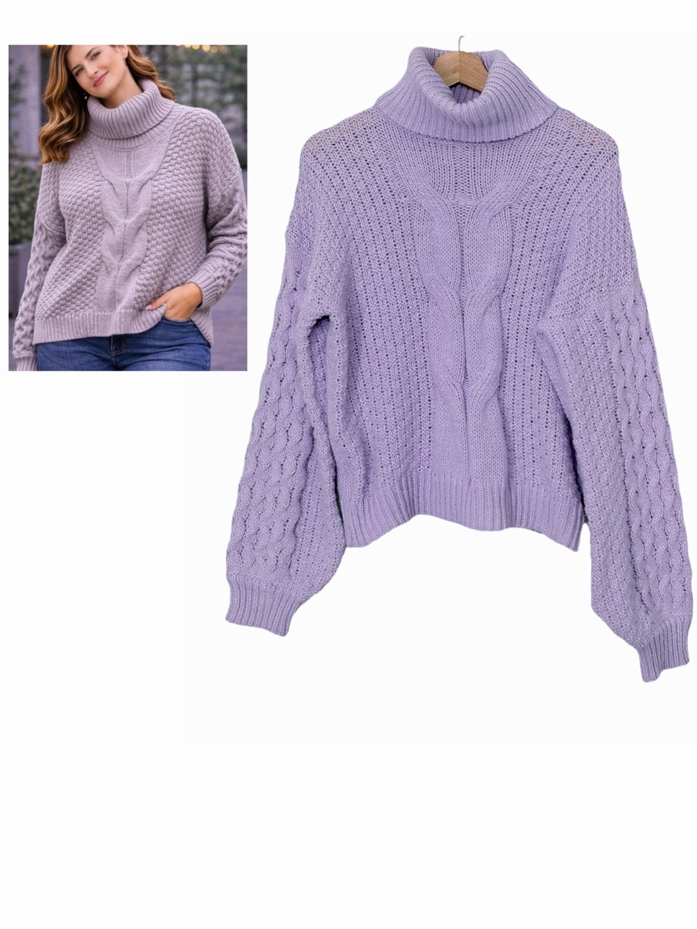 Woven Heart Turtleneck Cable Knit Sweater in Lavender Size Small Cozy Chunky